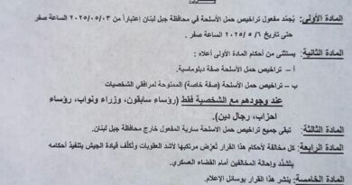 تجميد مفعول حمل الاسلحة في محافظة جبل لبنان